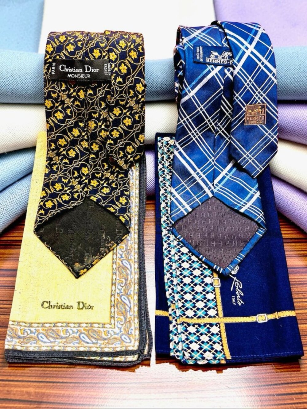 2 Necktie Silk Hermès Paris -Christian Dior + 2 HandKerchief Dior &Roberto (15)